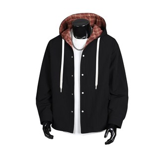 格子拼接連帽外套 - 寬鬆休閒夾克