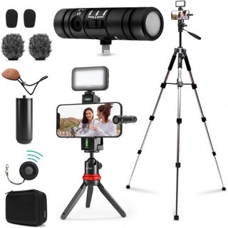 전문가 수준의 콘텐츠를 위한 Movo iVlog-인터뷰 iPhone 브이로그 키트 더블 마이크가 탑재된 올인원 솔루션 LED 라이트 테이블탑 삼각대 휴대폰 마운트