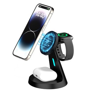 뉴클 3in1 맥세이프 고속 무선충전기 아이폰 갤럭시 올인원 에어팟 애플워치 갤럭시버즈 갤럭시워치, 블랙