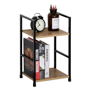 雙層木質層板金屬框架置物架，簡約開放式書架，多功能收納層架，客廳臥室收納好幫手, 原木, 2層