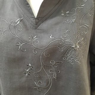 立領七分袖繡花上衣, 灰, 灰