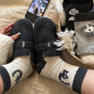 Banjiwu 여성 귀여운 고양이 겨울 양말 중목 양말 장목 양말 중목 양말 운동 패션 무압박 순면 양말 3족 세트