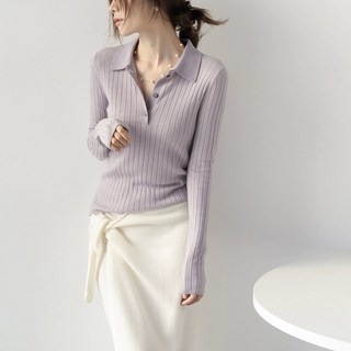氣質POLO領豎條紋針織衫 - 優雅美利奴羊毛毛衣