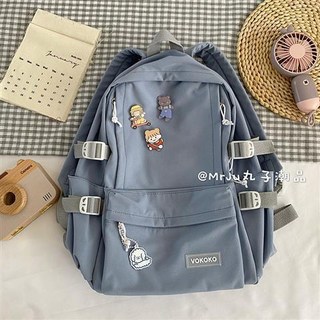 bf風古着感雙肩包2020新款森系大學初中生書包女韓版高中原宿ins, 藍色+隨機3徽章+吊墜小狗