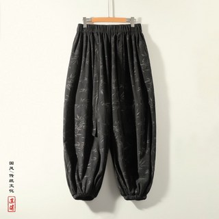 中國風樹葉印花紋燈芯絨闊腿束腳褲