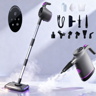 RichMagic 고급 스팀청소기 8 in 1 초정밀 터치식 컨트롤의 스팀 클리너 3단 온도조절 15s 초고속 예열 구현, 블랙