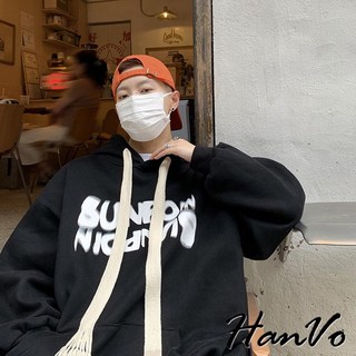 HanVo 男款晃動字母寬鬆長袖帽T 保暖舒適百搭休閒 韓系冬季衣著