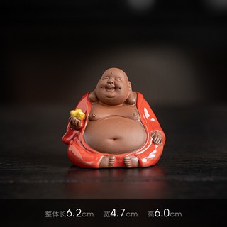創意紫砂招財布袋彌勒佛笑佛茶寵擺件客廳博古架辦公室桌面裝飾品, 小號彌勒佛-元寶