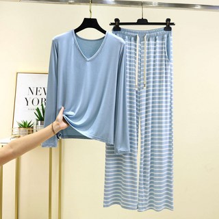 여성용 모달 고탄력 홈웨어 상하의 세트 빅사이즈 긴팔+와이드바지 잠옷 실내복