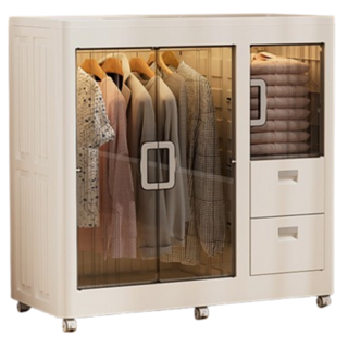 免安裝折疊衣櫃 透明門板滑輪設計 多層抽屜加厚板材 簡約時尚居家收納, 白色