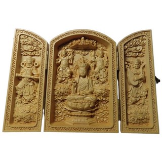 精品黃楊木隨身三合一佛龕：地藏菩薩與四大天王木雕佛像，輕巧便攜，守護平安, 棕色, 1個