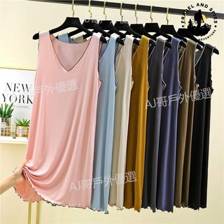 臺灣熱銷 莫代爾甜美飛邊V領背心裙 夏季薄款大碼寬鬆睡裙 簡約休閒家居裙連體裙