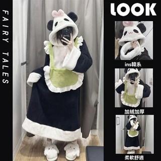 可愛圍兜熊貓睡衣女冬季珊瑚絨連帽睡袍加絨加厚保暖居家服可外穿