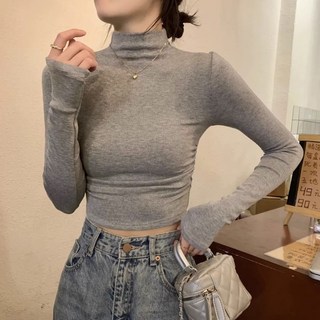 24H韓版設計感褶皺中高領長袖T恤女早秋新款純欲辣妹緊身顯瘦短版上衣女裝長袖上衣衣服上衣女