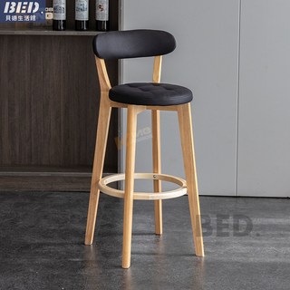 吧臺椅 高腳靠背酒吧椅子 實木高腳椅 中島椅 靠背椅 餐吧椅, 72坐高 原木架 黑色科技布, 1個