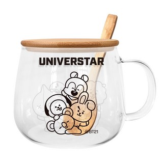 向物 BT21 耐熱玻璃杯套組 附竹蓋木匙 黑白款卡通圖案馬克杯, 1個, BT21 黑白款 - 耐熱玻璃杯組
