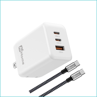AiHome 雙Type-C USB-A 輕巧便攜旅行必備, 1套, 65W 三孔 GaN氮化鎵快充線組 折疊插頭 充電頭+Type-C編織充電線