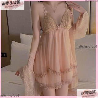 日系性感網紗吊帶睡裙 帶胸墊蕾絲睡衣 純欲風居家服
