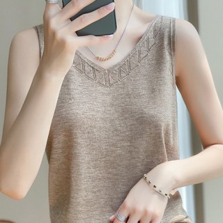 여름 중년 여자 민소매 나시티 루즈핏 솔리드 브이넥 니트 나시 데일리 여성 얇은 나시 티셔츠 빅사이즈 YSQ