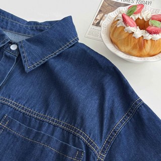 Fee翻領牛仔連身排釦短袖長洋裝 附綁帶 翻領丹寧長洋裝 連身裙 牛仔裙 短袖洋裝, 現貨-深藍色(附綁帶)