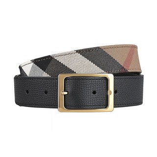 BURBERRY金屬字母壓印LOGO英倫風格紋帆布拼接牛皮雙面扣式皮帶(窄版/駝棕x黑)