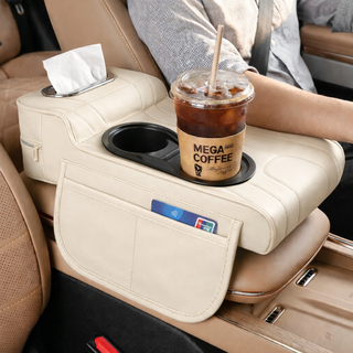 1평공간 차량용 팔걸이 쿠션 자동차 콘솔 수납함 컵홀더 티슈 트레이 팔받침대, 1개, 아이보리 (Ivory)