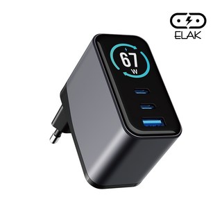 엘락 67W 초고속 디스플레이 C타입 3포트 GaN 멀티충전기 갤럭시 초고속 PD SFC3.0 QC3.0 USB, 1개, 그레이