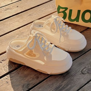 小白鞋女半拖一腳蹬懶人鞋2025新款夏季厚底帆布鞋休閒板鞋