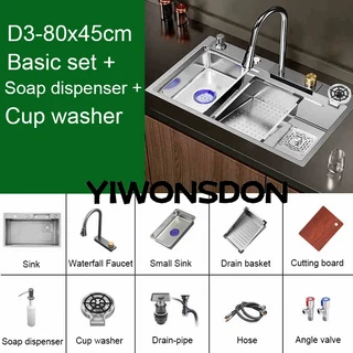 다기능 닦았 나노 주방 싱크 폭포 수도꼭지 대형 단일 그릇 컵 세탁기 순수 탭 비누 디스펜서 스테인레스, 08 D3-80X45CM