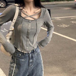 純欲風春秋新款韓版修身顯瘦長袖T恤女辣妹露臍短款上衣打底衫潮