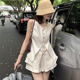 法式高級感老錢風氣質套裝女夏新款假兩件無袖馬甲短褲兩件套
