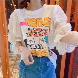 雪莉小姐韓風設計款蕾絲葉袖卡通印花撞色拼接T恤