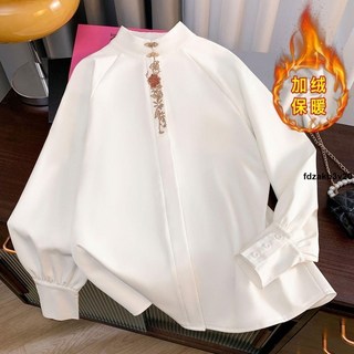 中國風 加绒加厚新中式轻国风刺绣白衬衫搭配马面裙的长袖雪纺上衣女秋冬