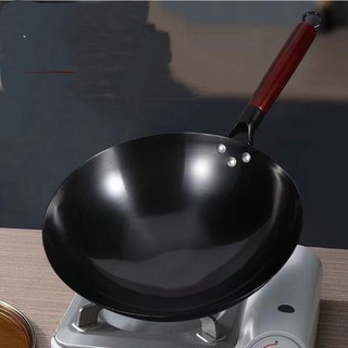 氮化老式圓底鐵鍋 30公分 輕便無塗層炒鍋 適用於明火燃氣竈, 1個, 氮化单锅（无赠品）,36cm带锅耳款（4-6人用）