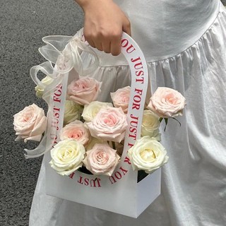 浪漫手提袋玫瑰花束仿真永生皂花敎師節送老師送閨蜜創意生日禮物－, 冰魄-19支混色玫瑰手提袋+賀卡, 1個