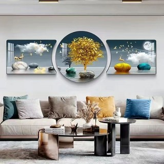 新款裝飾畫 沙髮背景牆 山水掛畫 新中式輕奢 現代簡約 鑲鑽圓角壁畫 VD7M, 異形-發財樹,邊40*30中40*40晶瓷畫-黑框