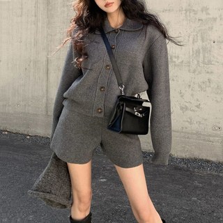 슬림소녀 여성 루즈핏 단추 스웨터 투피스 기질 니트 카디건 하이웨스트 캐주얼 반바지 세트