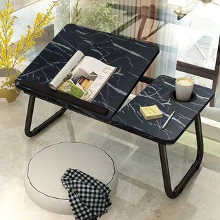 淘氣寶貝 可調節折疊電腦桌 懶人床上書桌 筆記本學習桌 附杯托 多色可選 55x32x25cm, 大理石 - 黑