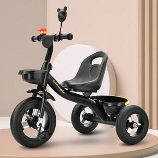 Aikuma 兒童三輪車 適合2-6歲兒童 附推桿與收納籃, 黑色鋁合金輪【加強頂配款】橡膠輪, 1個