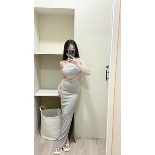 歐美風簍空後露背交叉性感連身開衩裙 M3248, 水泥灰