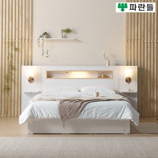 파란들가구 편백 LED 사선무늬헤드 호텔식 서랍수납침대프레임, 화이트