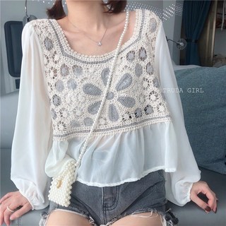 《杜達女孩》異國浪漫 波西米亞渡假風 針織鈎花拼接雪紡長袖上衣 方領