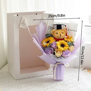 畢業季向日葵香皂花束博士熊玩偶花束送同學老師感恩畢業花束禮物, 1個, 紫色-太陽花畢業熊（香皂花）配手提袋+燈