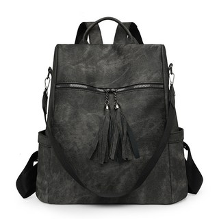防盜大容量後背包女時尚百搭背包軟皮包休閒輕便復古旅行背包, 黑色