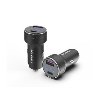 POLYWELL USB Type-C 27W車用充電器 車充 PD快充 電瓶電量顯示 BSMI認證, 黑色