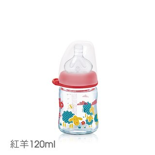 【NIP】德國製專利防脹順哺玻璃/PP奶瓶加贈母乳儲存蓋-拇指/圓型(M號奶嘴), 1個, 玻璃圓型 紅羊120ml-A款螺牙, 紅羊, 120ml