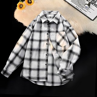 格子潮牌男士長袖襯衫 日系港風寬松休閑襯衣外套