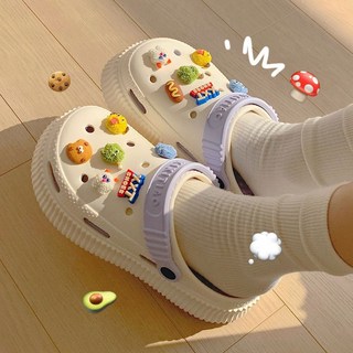 可愛小怪獸洞洞鞋 防臭涼鞋 EVA涼拖鞋 海邊防滑踩屎感沙灘鞋 多巴胺彩色增高厚底包頭涼拖鞋 (台灣出貨), 白和淺粉色,36-37【標準碼】