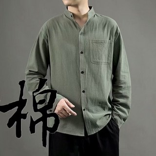 棉麻純色襯衫 日系簡約文藝長袖襯衫 立領原宿風休閒襯衣 港風百搭潮流夏季透氣上衣