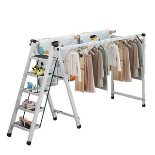 伸縮折疊兩用衣架梯 五步登高 承重150KG 加寬鋼鐵踏板 防滑腳墊, 白色